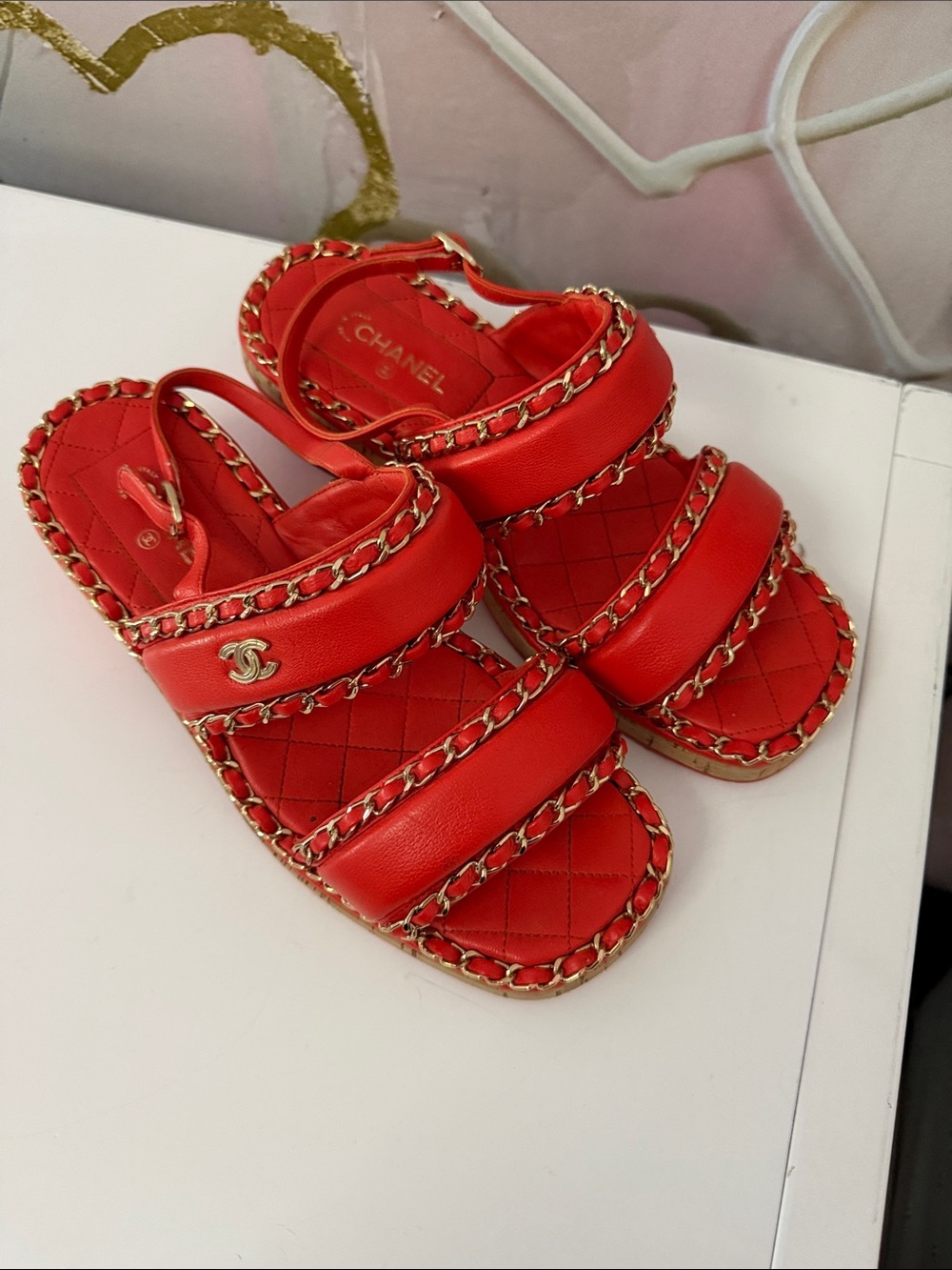 CHANEL Red Quilted Chain-Trim Slide Sandals with Gold CC Accent